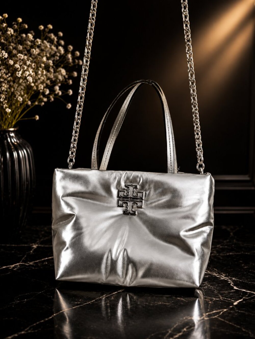 NWT $400 TORY BURCH BRITTEN PUFFY SILVER CROSSBODY TOP HANDLE MINI TOTE BAG